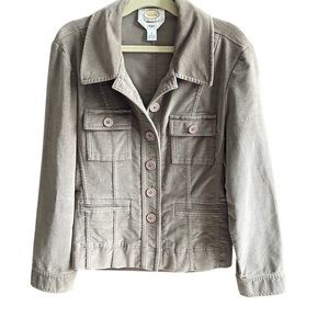 Talbots Petite taupe tan jacket soft brushed velvet front chest pockets EUC
